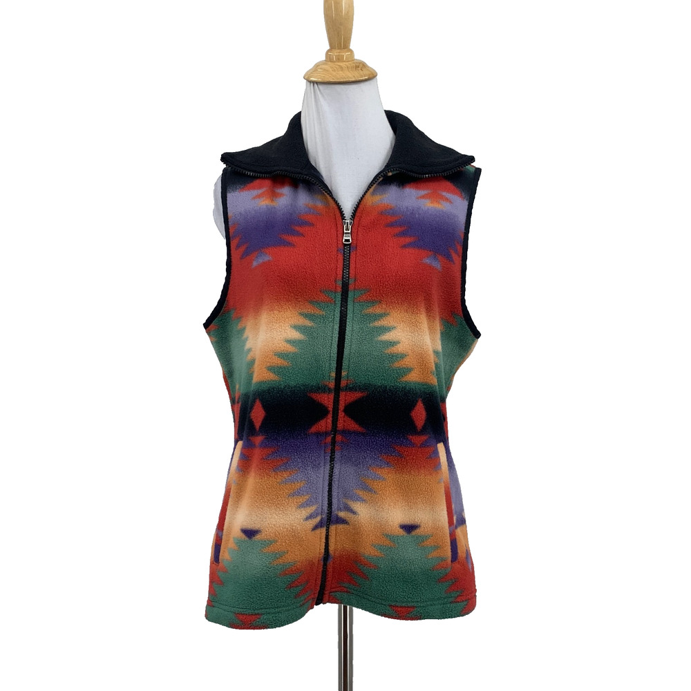 Chaps Sport Vest Womens M Medium Multi Fleece Southwestern Aztec Motif Full Zip
